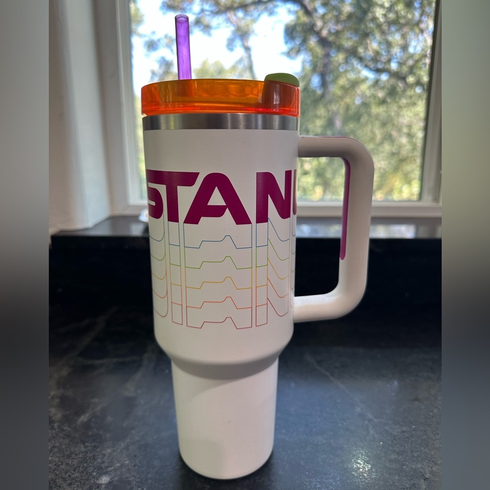 Stanley White Tumbler with Orange Lid and Pink Accents